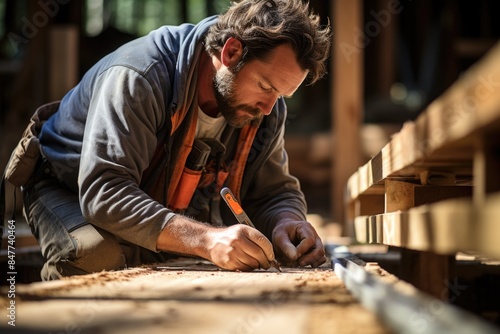 Craftsmanship in Construction - Skilled Worker Measuring and Cutting Wood with Precision Tools