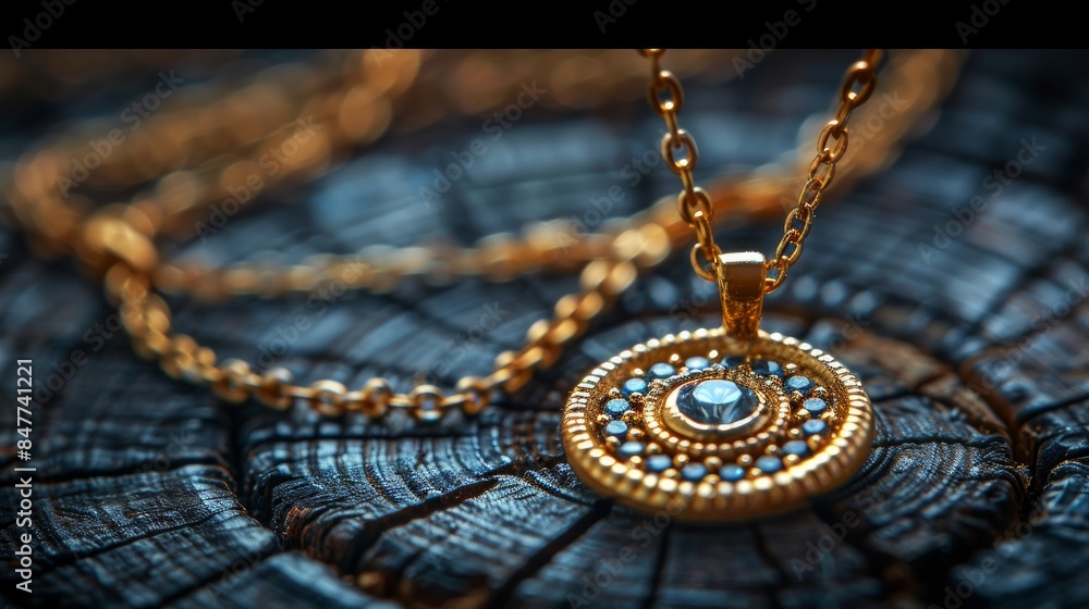 Golden Jewelry pendant on wood background Golden Jewelry pendant on wood background