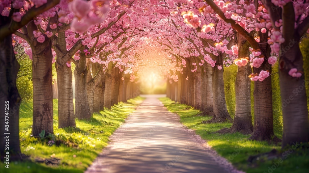 Blooming sakura alley scenic park with rows of pink cherry blossom trees in spring Blooming sakura alley scenic park with rows of pink cherry blossom trees in spring