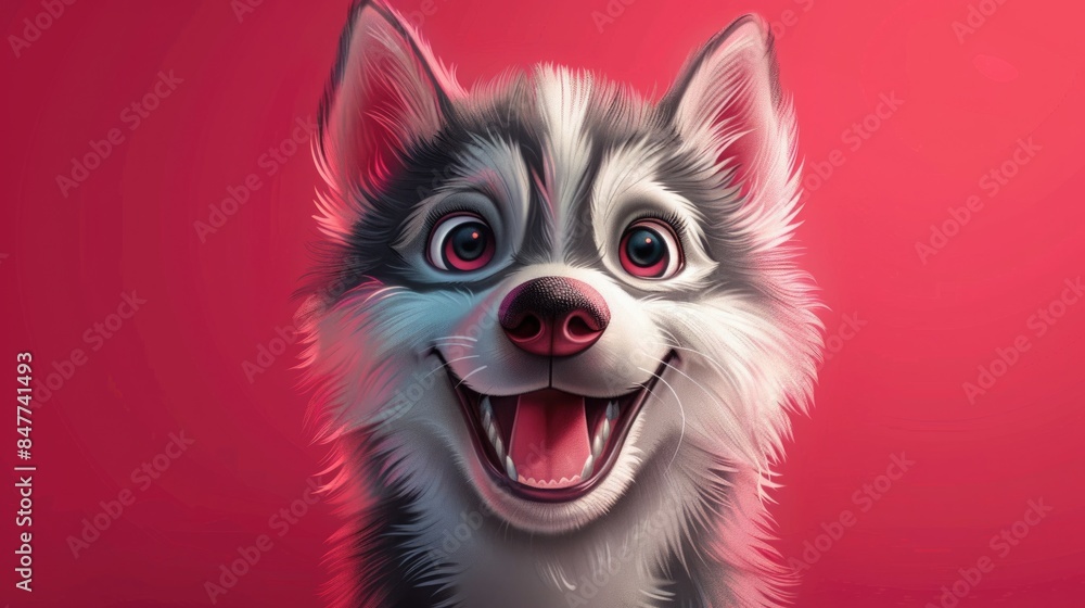 Adorable Smiling Cartoon Husky Puppy on Vibrant Magenta Background Adorable Smiling Cartoon Husky Puppy on Vibrant Magenta Background