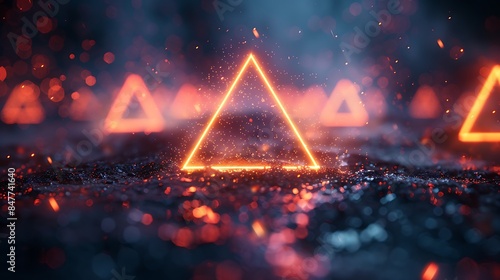 Neon triangles with glowing edges on a dark, moody background, shades of red and orange, hd quality, digital art, high contrast, futuristic feel, geometric precision, modern design.