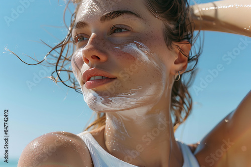 Beautiful beauty relaxed woman sunbathing with sunscreen cream sun protection on face, summer holiday vacation concept background.