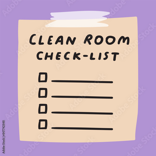 Clean room check-list. Paper note with sticky tape. Vector illustration on purple background.