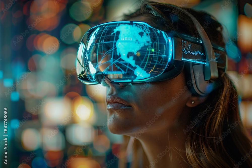 Woman using virtual reality glasses, exploring a rotating globe on a digital interface Woman using virtual reality glasses, exploring a rotating globe on a digital interface