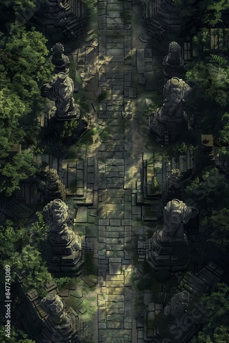 DnD Battlemap passage of the petrified protector - hooded figure standing amidst ruins. © Fox