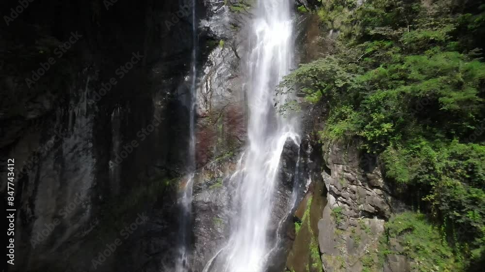 Aerial view of waterfall surrounded by green planets and stones Aerial view of waterfall surrounded by green planets and stones