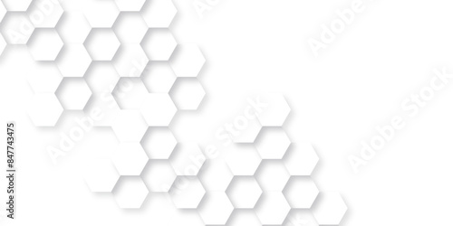 Hexagon background technology texture. Abstract hexagonal mesh cell Surface polygon pattern with glowing hexagon paper texture and futuristic business. Abstract honeycomb mosaic white background.