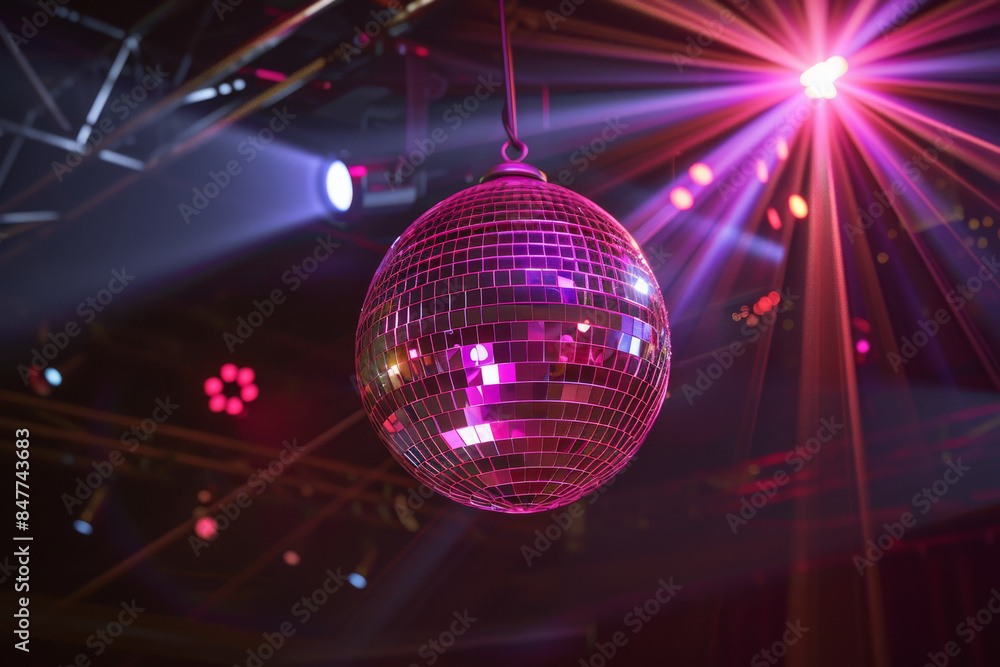 A pink-hued disco ball reflects vibrant light, creating a festive and dynamic ambiance in a modern nightclub. A pink-hued disco ball reflects vibrant light, creating a festive and dynamic ambiance in a modern nightclub.