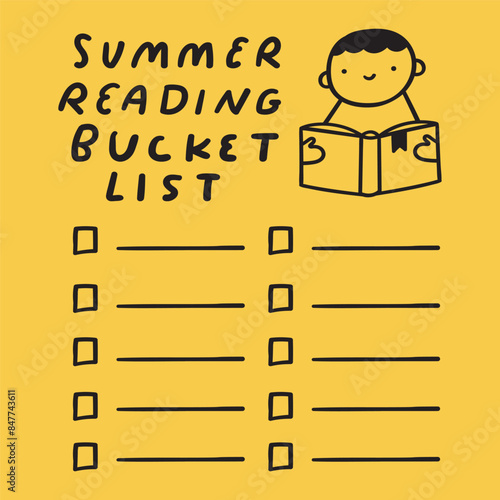 Template. Summer reading bucket list. Hand drawn vector design. Illustration on yellow background.