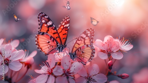 Dreamy Sakura Flower Garden in Full Bloom with Graceful Butterflies and Soft Sunlight, Creating a Serene and Magical Atmosphere