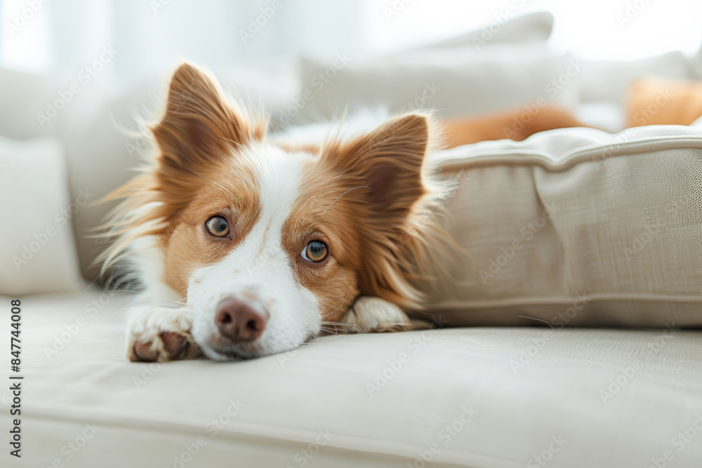 A small black and white puppy lying on a couch, looking curiously at the camera. A small black and white puppy lying on a couch, looking curiously at the camera.