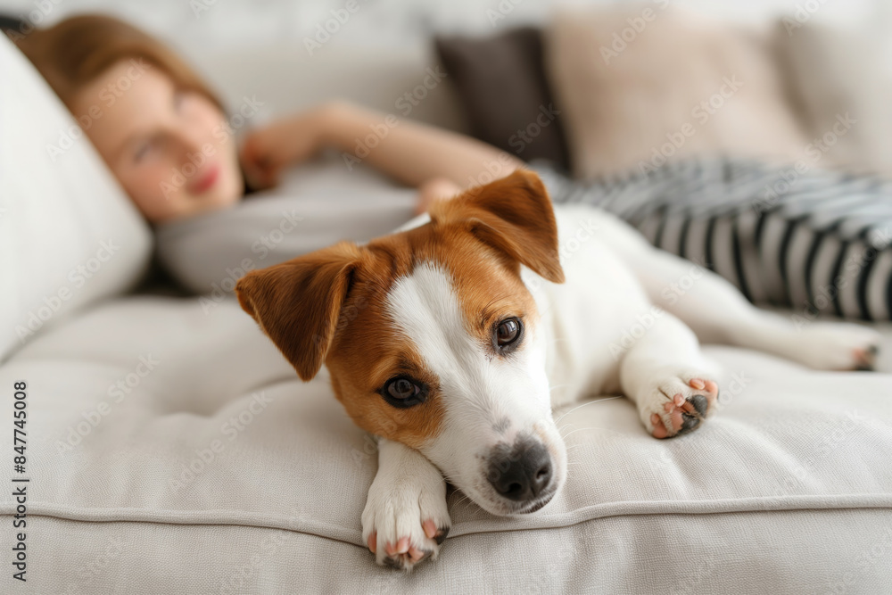 Adorable French Bulldog puppy sitting on a couch, looking happy and relaxed with its owner in the background. Adorable French Bulldog puppy sitting on a couch, looking happy and relaxed with its owner in the background.