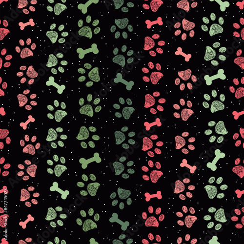 Cute paw prints with bones Christmas design with snow. Seamless fabric design pattern