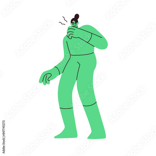 Disgusted expression, green character. Dislike and aversion emotion, repulsion feeling. Hate concept. Person loathing, vomiting from revulsion. Flat vector illustration isolated on white background