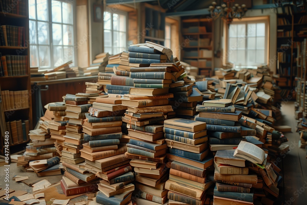 A large pile of books sits in the middle of a library, overflowing with stories and knowledge A large pile of books sits in the middle of a library, overflowing with stories and knowledge
