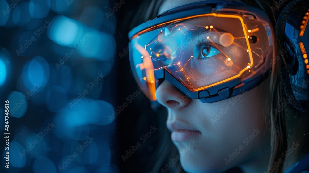 A close-up of a person wearing a futuristic headset with electrodes, illustrating the concept of neurotechnology and brain-computer interface technology. A close-up of a person wearing a futuristic headset with electrodes, illustrating the concept of neurotechnology and brain-computer interface technology.