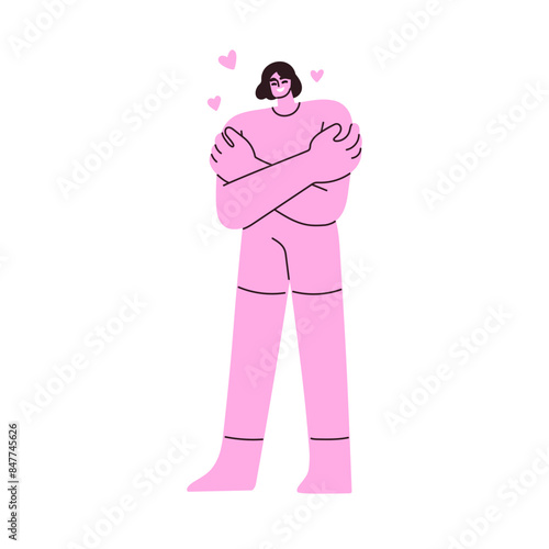 Happy smiling character. Joyful woman hugging herself. Self-love, wellbeing and happiness concept. Joy, bliss emotion, positive expression. Flat vector illustration isolated on white background