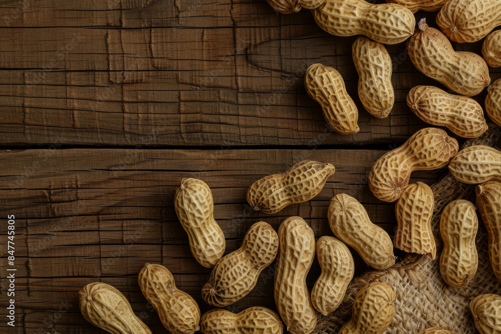 A rustic close-up of dried peanuts in their shells, arranged on a wooden surface, showcasing the organic texture and natural patterns of the peanuts.