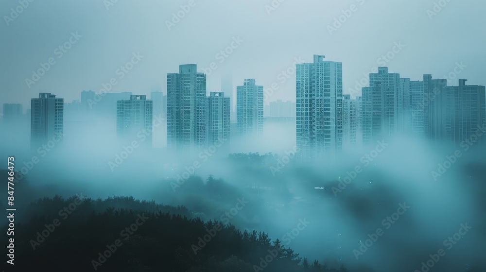 A foggy landscape with a silhouette of a city skyline in the background, symbolizing fog computing A foggy landscape with a silhouette of a city skyline in the background, symbolizing fog computing
