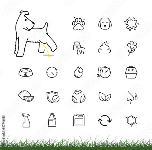 Set icons for urine odor eliminator, remover from grass. The outline icons are well scalable and editable. Contrasting vector elements are good for different backgrounds. EPS10.
