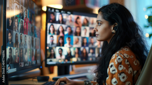 Portrayed with a friendly smile and attentive demeanor, the computer screen showing a grid of diverse faces against Professional Indian woman conducting a video conferenc of digitally rendered office. photo