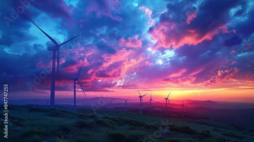 A serene landscape featuring a wind farm at sunset, with wind turbines silhouetted against the colorful sky, highlighting the beauty and potential of wind energy.