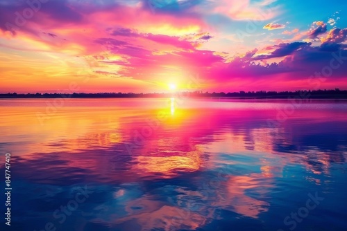 Beautiful sunset over tranquil lake  colorful reflections on water  summer paradise mockup