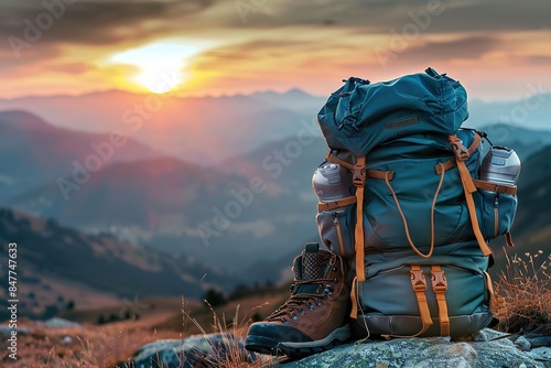Hiking equipment with blue moutain silhouettes. Backpack and boots on top of mountain. 