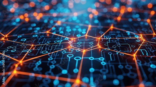 An abstract representation of artificial intelligence, machine learning, and robotics, showcasing interconnected nodes and circuits symbolizing complex algorithms and data processi