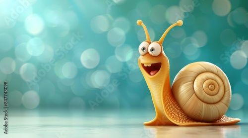 Close up of a cheerful cartoon snail with a happy expression on vibrant green bokeh background, funny animal concept, wide banner, empty space