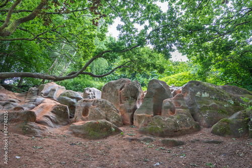 Sandstone rocks at the side of Lymm Dam in Cheshire photo