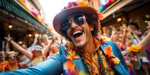 Colorful Mardi Gras Celebrations on Bourbon Street in New Orleans with Music and Costumes. Concept Mardi Gras, Bourbon Street, New Orleans, Celebrations, Colorful Costumes photo