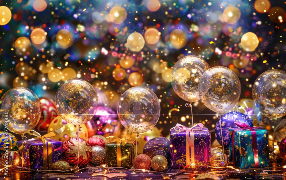 Festive Celebration Background with Balloons, Gifts, and Rainbow Confetti Festive Celebration Background with Balloons, Gifts, and Rainbow Confetti