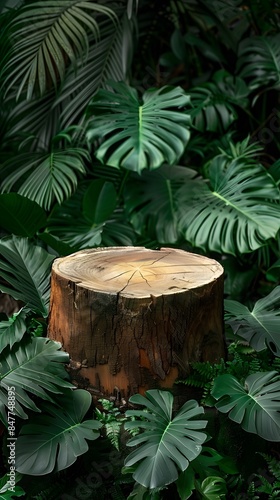 A tree stump podium in the jungle, surrounded by lush greenery and exotic plants. creating an enchanting atmosphere for product display or presentatio