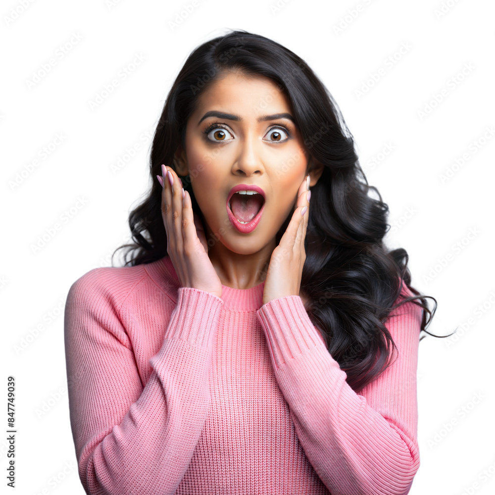Surprised woman with hands on face, expressing shock Surprised woman with hands on face, expressing shock