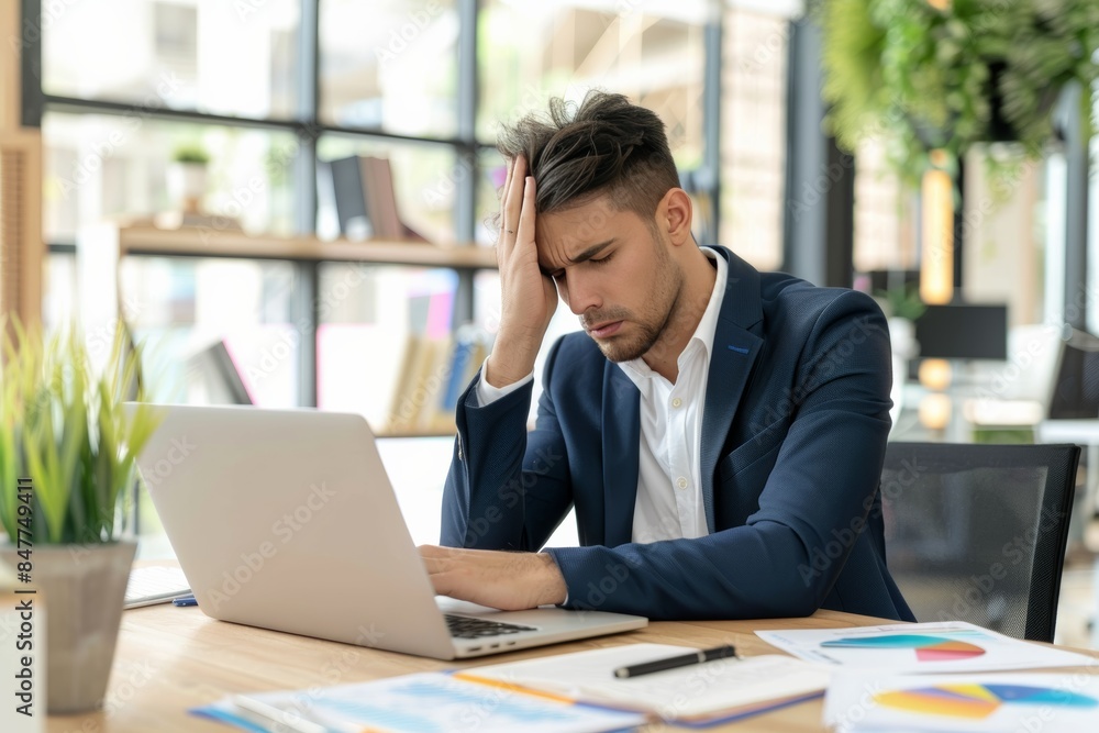 Stressed businessman holding head at desk full of papers. Workplace pressure Stressed businessman holding head at desk full of papers. Workplace pressure