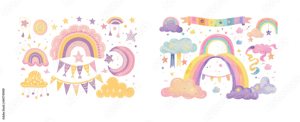 This watercolor illustration set features rainbow clouds and ribbon banners in a boho style This watercolor illustration set features rainbow clouds and ribbon banners in a boho style