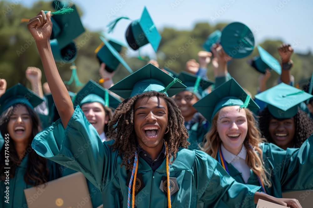 A group of students, wearing green graduation caps and gowns, celebrate their graduation with smiles and raised arms A group of students, wearing green graduation caps and gowns, celebrate their graduation with smiles and raised arms