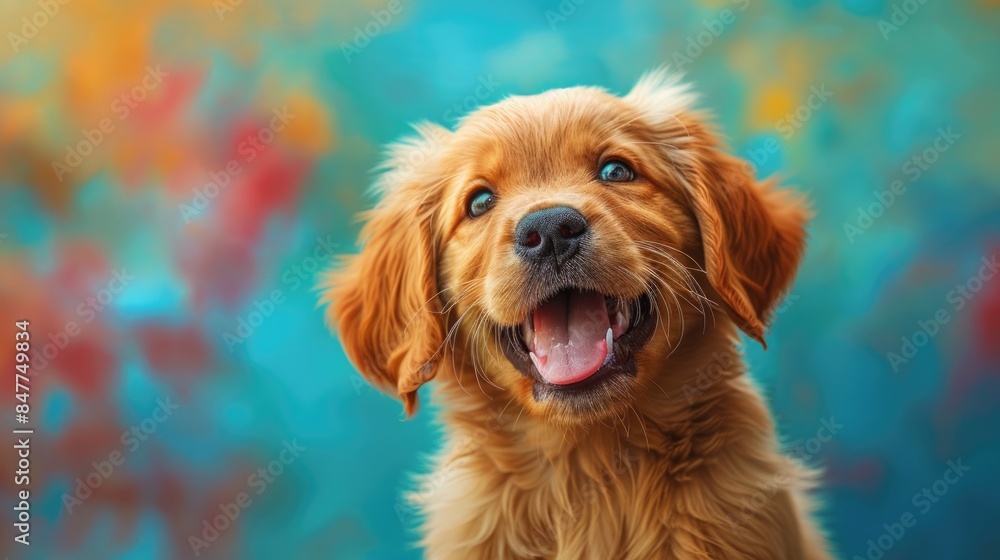 Obraz premium Adorable Smiling Cartoon Golden Retriever Puppy on Vibrant Blue Background