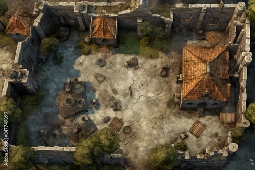 DnD Battlemap Ruined Medieval City. Devastated cityscape with crumbling buildings.