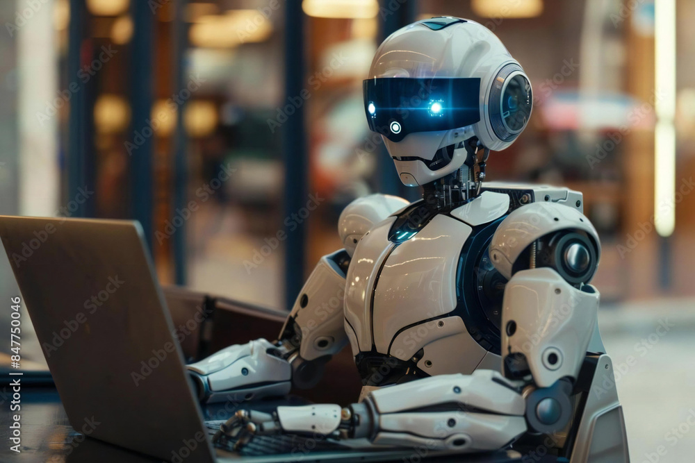 Fototapeta premium Virtual Science Conference: AI Robot Manager Working Online