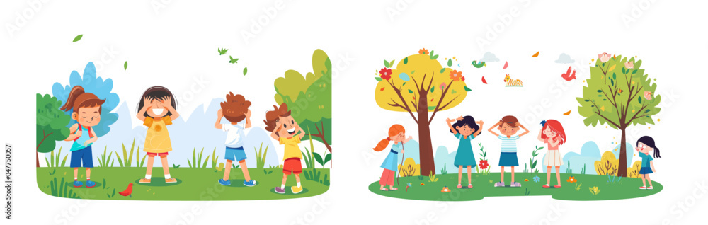 Hidden object game with kids in the park. Outdoor play with friends. Children in summer play. Happy boys and girls enjoying leisure activities in nature. Flat modern illustration isolated on white. Hidden object game with kids in the park. Outdoor play with friends. Children in summer play. Happy boys and girls enjoying leisure activities in nature. Flat modern illustration isolated on white.