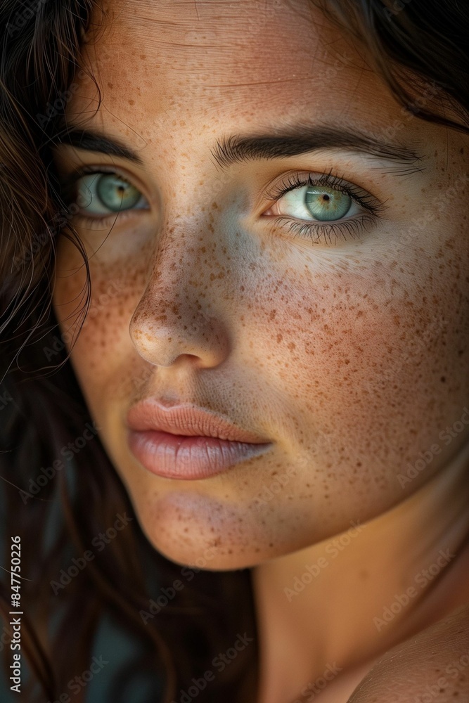 AI generated illustration of a close-up portrait of a female model with green eyes and freckles AI generated illustration of a close-up portrait of a female model with green eyes and freckles
