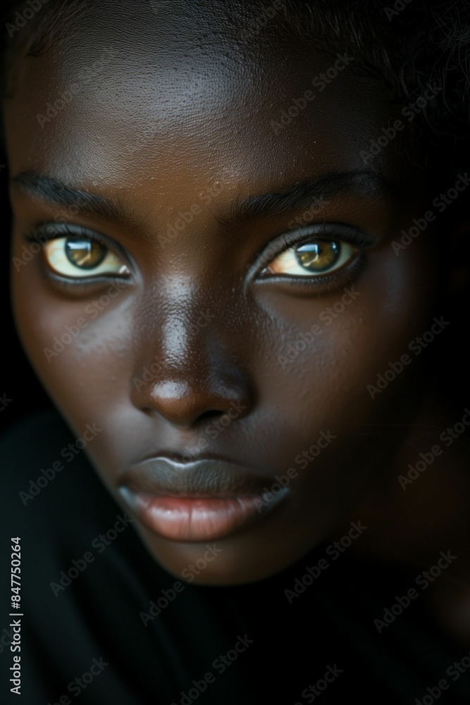 AI generated illustration of a female model with striking eyes and smooth dark skin. AI generated illustration of a female model with striking eyes and smooth dark skin.