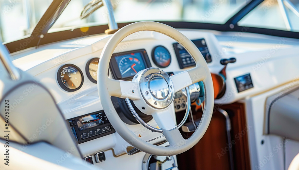 The interior of a boat is shown, featuring a steering wheel and dashboard, not from a car
