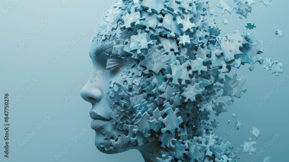 Intricate Human Head Made of Interlocking Puzzle Pieces: Symbolizing Complexity and Fragmentation of Human Thought and Identity Against a Light Blue Background Intricate Human Head Made of Interlocking Puzzle Pieces: Symbolizing Complexity and Fragmentation of Human Thought and Identity Against a Light Blue Background