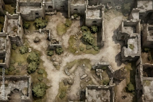 DnD Battlemap Ruined Medieval City - A desolate medieval city in ruins.