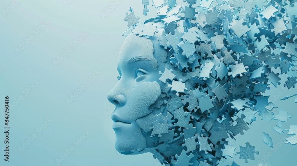 Intricate Human Head Made of Interlocking Puzzle Pieces: Symbolizing Complexity and Fragmentation of Human Thought and Identity Against a Light Blue Background Intricate Human Head Made of Interlocking Puzzle Pieces: Symbolizing Complexity and Fragmentation of Human Thought and Identity Against a Light Blue Background