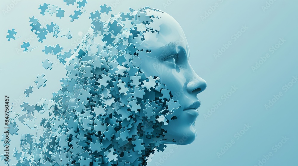 Intricate Human Head Made of Interlocking Puzzle Pieces: Symbolizing Complexity and Fragmentation of Human Thought and Identity Against a Light Blue Background Intricate Human Head Made of Interlocking Puzzle Pieces: Symbolizing Complexity and Fragmentation of Human Thought and Identity Against a Light Blue Background