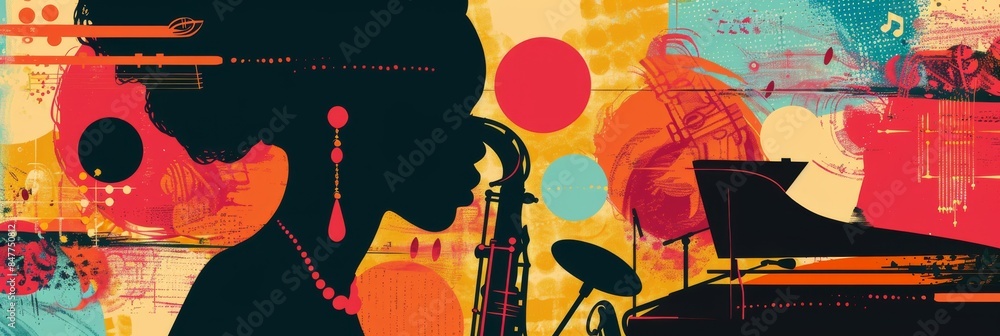 Φωτογραφία African music, woman silhouette and musical instruments, color poster, flyer tem